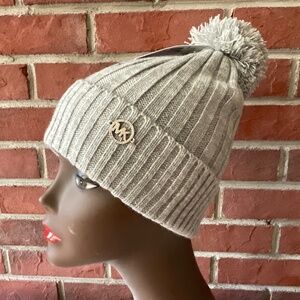 NEW Michael Kors Grey Knit Pom Cuffed Beanie NWT